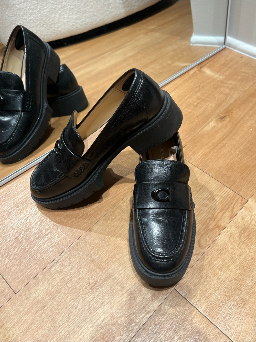 Black Leather Platform Loafers - Women's Classic Style